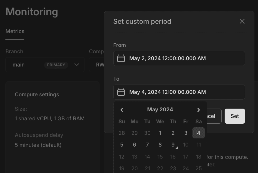 Monitoring dashboard custom date and time selector